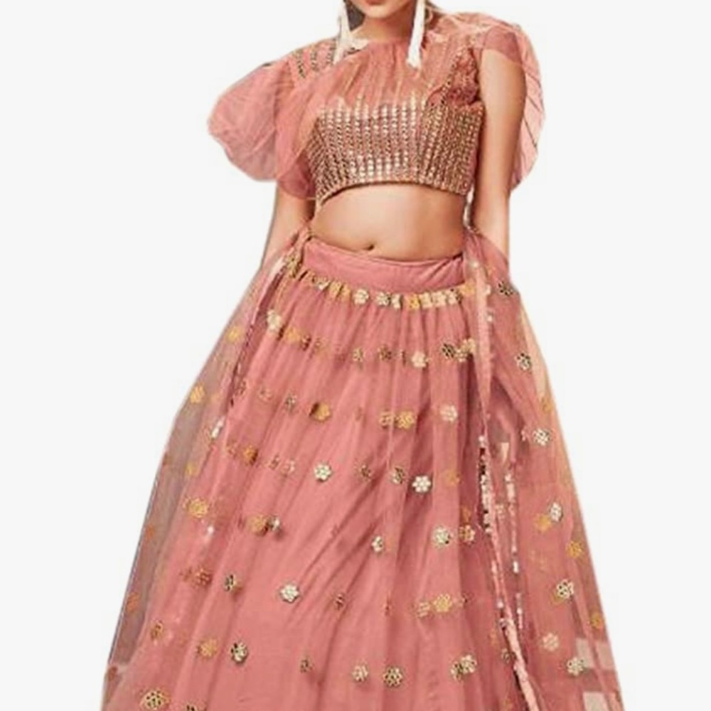 Pink net designer lehenga with gold embroidery and mirror work